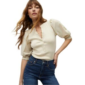 $198 New VERONICA BEARD Coralee Button-Front Puffed Sleeve Top Sz XS Limestone